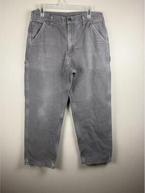 Carhartt Distressed Workwear Jeans Mens 34x30 Gray Canvas Flannel Lined Rugged